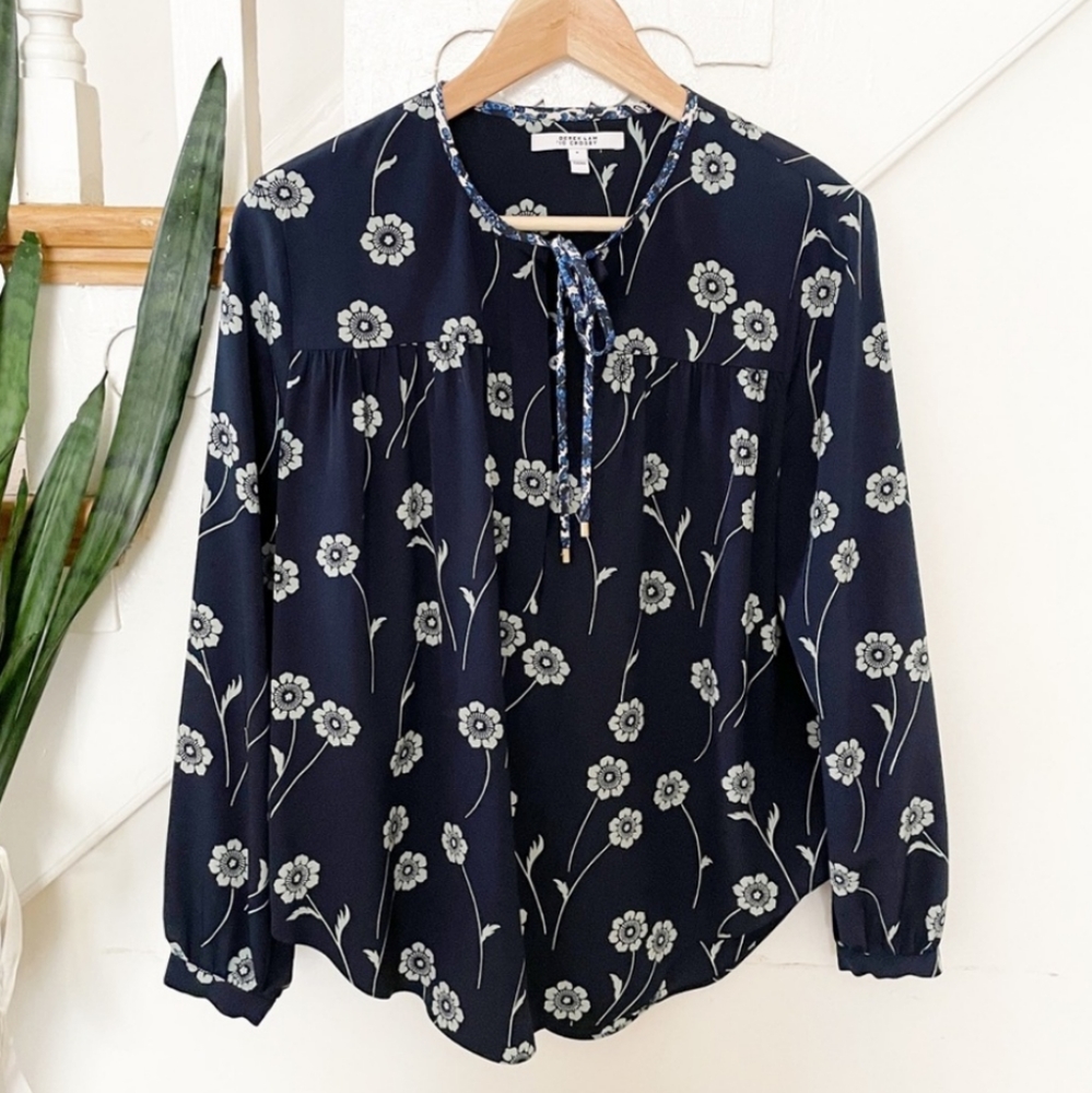 NWOT! Derek Lam 10 Crosby Navy Floral Silk Tie-Neck Peasant Blouse, Size…